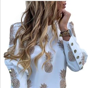 Women's Puff Shoulder Blouse Metal Buttoned Long Sleeve Pineapple Printed